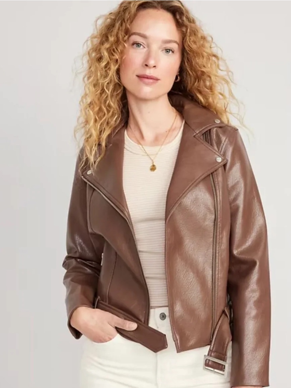 Old Navy Chocolate Brown Faux Leather Moto Biker Jacket Belted S